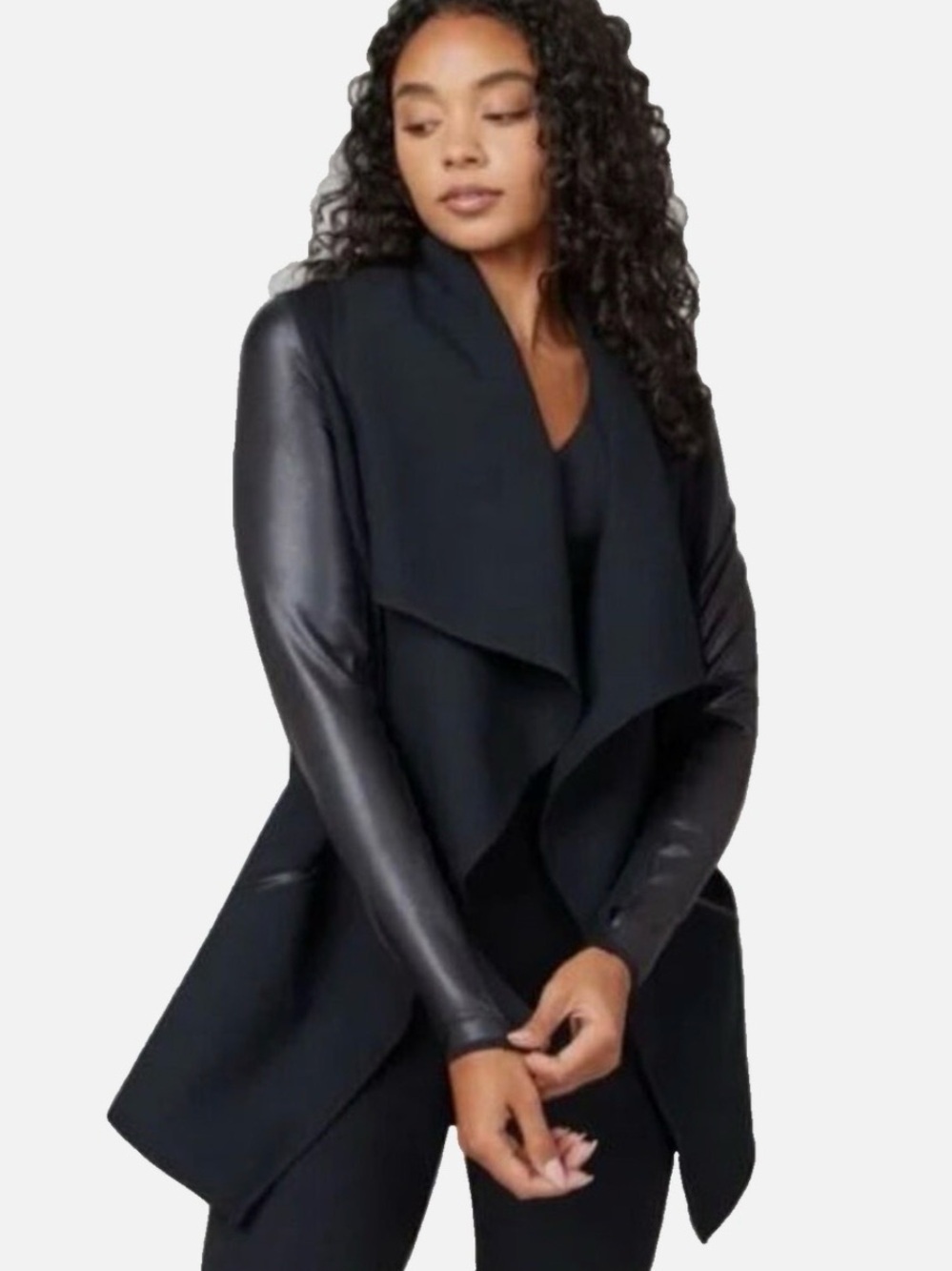SPANX Black Faux Leather Sleeve Open Front Jacket XS